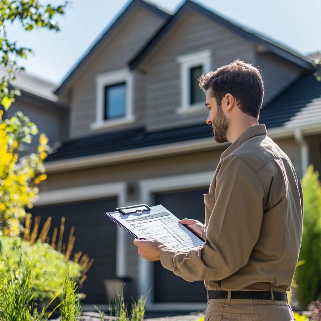 A home inspector stands in the front yard, inspecting the house's exterior with a clipboard and tools for a home inspection.